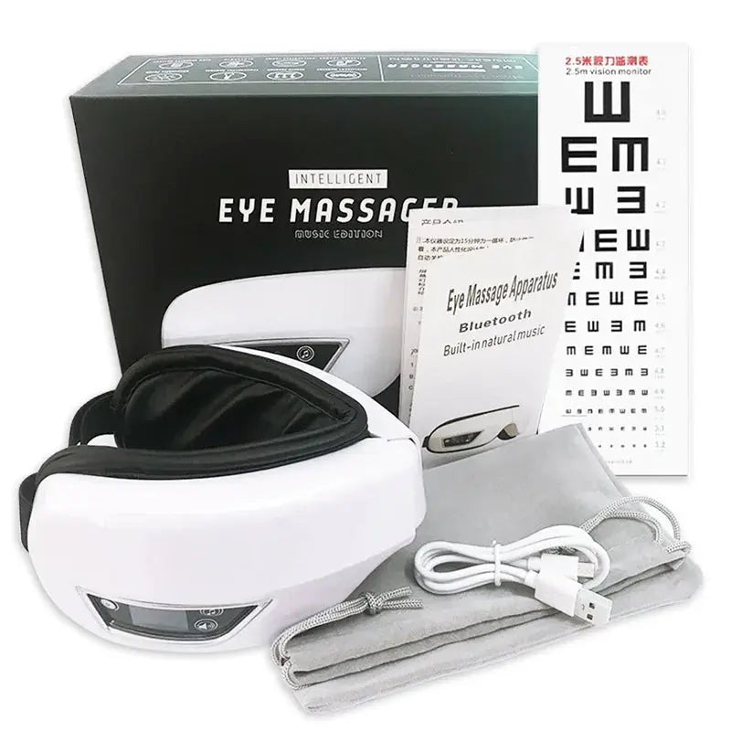 Modern eye massager device with heating and massage functions for relieving digital eye strain, dark circles, and fatigue from screen use