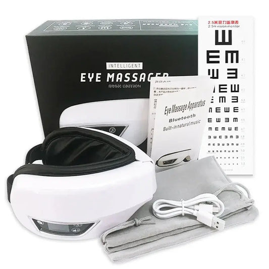 Modern eye massager device with heating and massage functions for relieving digital eye strain, dark circles, and fatigue from screen use