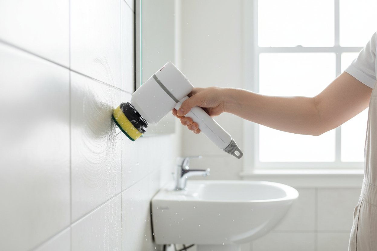 Using Electric Brush on Bathroom